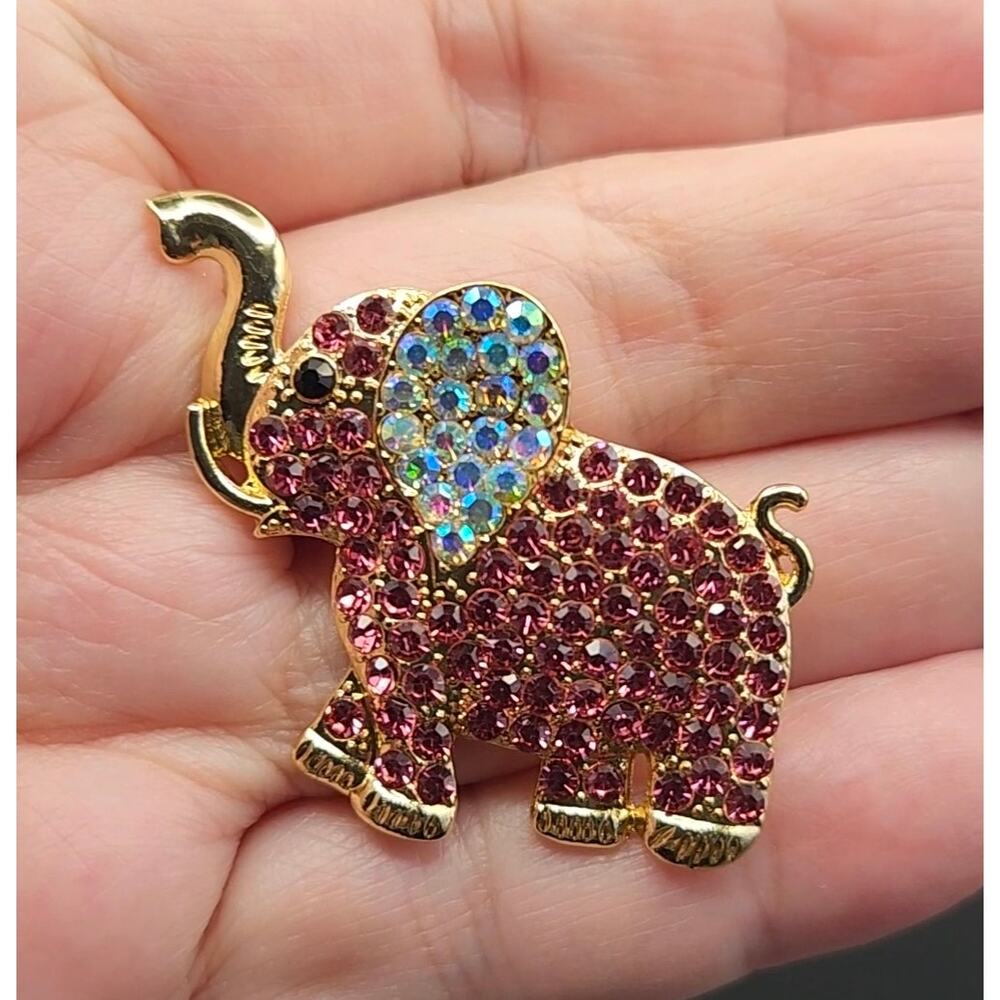 Pink Rhinestone Baby Elephant Gold Tone Metal Trunk Smaller Size
